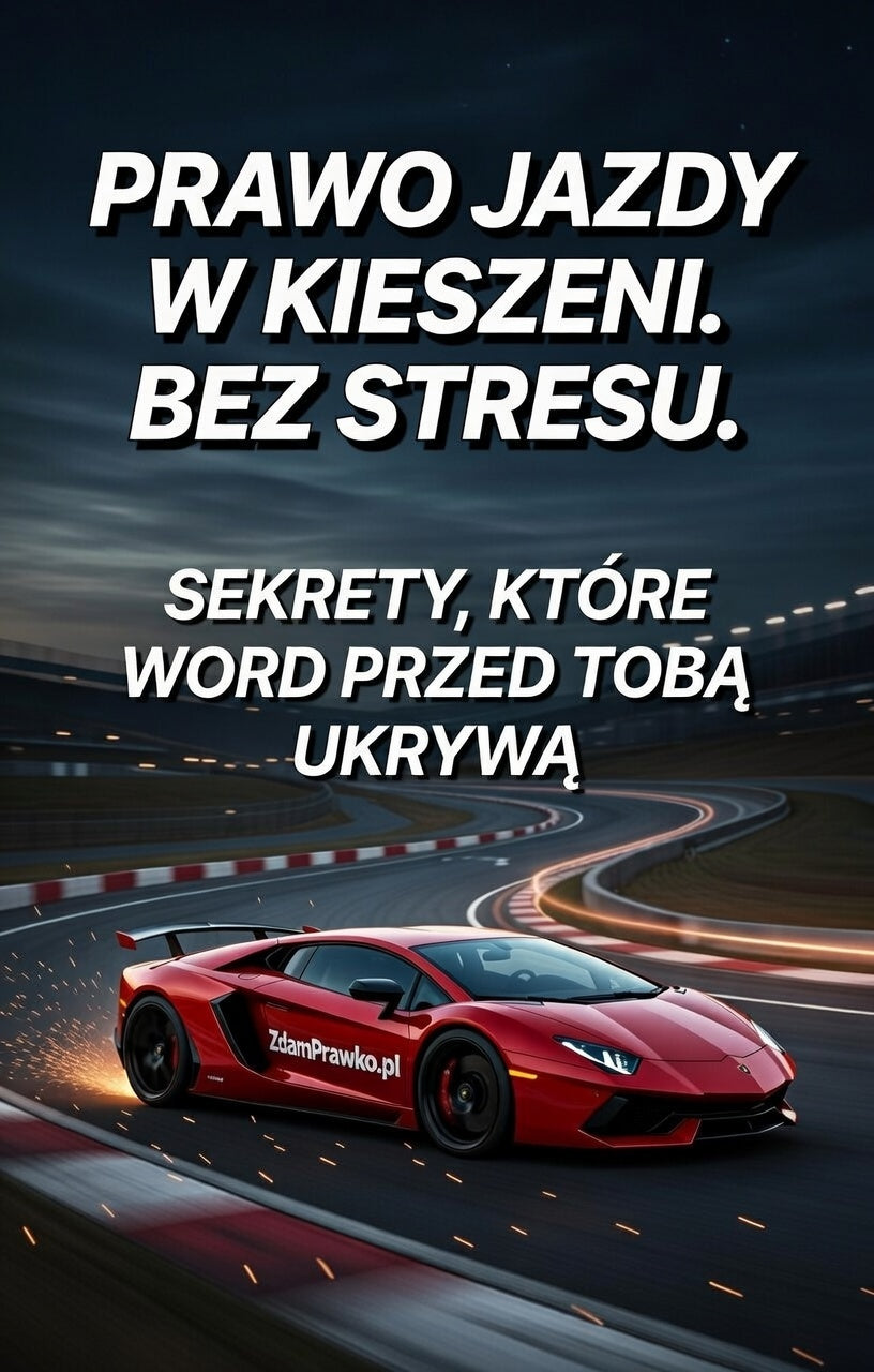 Red sports car on race track with text about jak zdać prawo jazdy za pierwszym razem driving tips